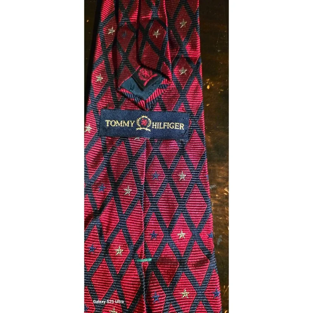 Vintage Repp Necktie Tommy Hilfiger Silk Red &‎ Black Diamond Star Men